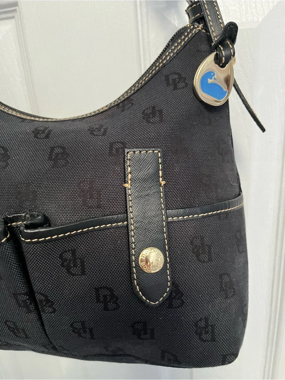 Dooney & Bourke black monogram canvas hobo handbag snap pockets Blue Duck READ